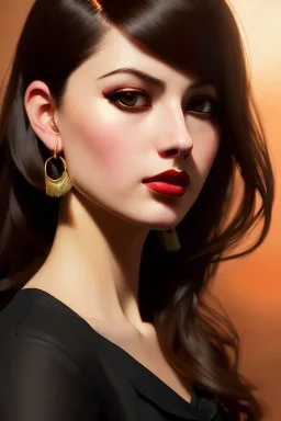 young woman, brown hair, dark orange eyes, hoop earrings, red blouse, elegant, dark eyeshadow, black eyeliner, high arch angular eyebrows, head and shoulders portrait, 8k resolution concept art portrait by Greg Rutkowski, Artgerm, WLOP, Alphonse Mucha dynamic lighting, hyperdetailed, intricately detailed, Splash art trending on Artstation