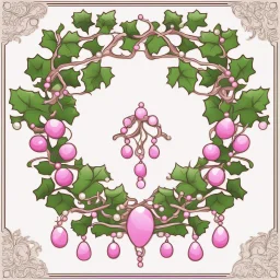 Create an Artwork of a Mirror with ivy branches and pearls necklace, Like a creative Logo for a Varasity Jacket to put a random number uin it, Vector illustration. Colors should be pink and green