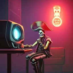 a cyberpunk hacker pirate captain skeleton drinking beer with a pirate hat sitting in front of a huge old crt monitor in a dark room , only light coming from crt monitor, highly detailed, intricate, digital art, trending on artstation, trending on cgsociety, by greg rutkowski