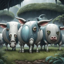 far in the distance five big crepy-cute weird creatures stand on four legs on eart , on tube heads is one giant eye , gray-white-pale blue color skin, with big cow udders on the belly between their legs,, without ears ,peacefully grazing the grass, background is a jungle, rain, detailed, sci-fi, fantasy, cinematic