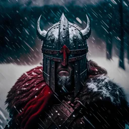 head photo of a strong warrior man wearing an iron knight helmet, full face cover, extreme cold stormy and windy weather, cold forest tundra, cinematic and dramatic photo, EXTREME snowy and ruthless environment, Glowy Red Eyes