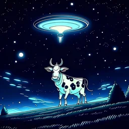 una vaca siendo abducida por un ovni en una noche estrellada en estilo de animacion de los años 80s