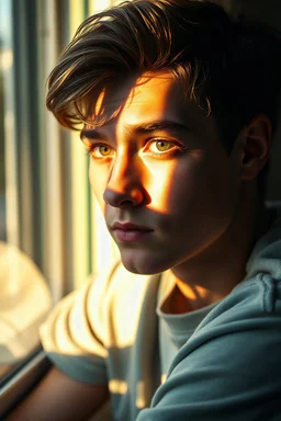 create a photorealistic portrait of 18-year-old Biff Vandersloot sitting by the window in the late afternoon, with natural sunlight casting warm golden light across his face revealing the texture of his skin, sharp focus on his eyes showing depth, moisture, reflections, with a soft bokeh background of the room behind him. atmospheric, graphic, cinematic, 4k, epic, sharp focus, hyperrealism, detailed character design, Extra-hyper resolution, lifelike, photorealistic, extremely detailed, vivid,