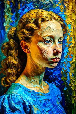 A front profile of a beautiful girl with her aspirations behind her. Opulent Van Gohn style painting