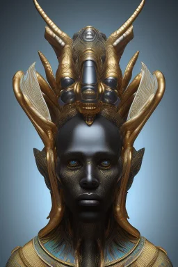 shiny black male African Egyptian alien, cracks in the voodoo head, wicked, eyes, crown, Elephant, 8k, finely detailed, photo realistic, tiger turquoise skull head gold dragon space alien snow skeleton gold horny toad silver crown silver eyes