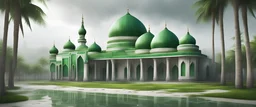 Hyper Realistic massive huge green mosque with white flags on the roofs at a rainy day with grassy pathway, palm trees