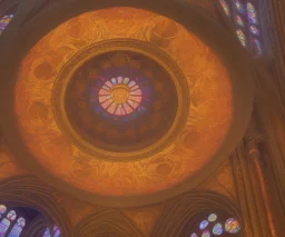 Rose under glass dome, stained glass, embossed, in a cathedral, global illumination