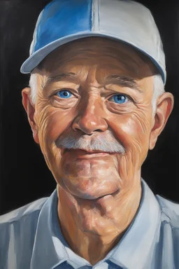 Baseball Cap, short mustache, Oil paint on canvas, chiaroscuro, deep shadows, masterpiece, happy, 2020 Golfing picture, head to waist, thin, gaunt, frail, 30-year-old Harold Kendall, short, buzz-cut, thinning gray hair, short mustache, blue eyes, afflicted with Parkinson's Disease, wearing a Sky blue polo shirt, with large collar khaki pants and a baseball cap, egg-shaped face, facing a quarter turn to the left, a mixture of Harry Kendall, Lee Majors, Elvis Presley, Tommy Kirk, George Reeves