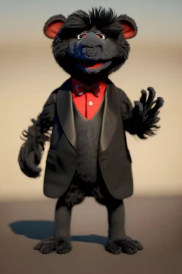 Waist up muppet Portrait, Kim Jong-un muppet doll, black suit, photo studio, red background, unreal engine 5, concept art, art station, god lights, ray tracing, RTX, lumen lighting, ultra detail, volumetric lighting, 3d.