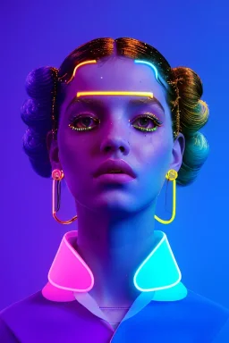 Rosalía artist, Realistic image, natural waist up portrait, perfect eyes, glow eye, black eye line, sweet face, pigtails hair, spray line make up, geometric, gold, big rings piercing, led ornament, bubble latex coat, inflatable, cold, led lights, geometric, neon, pink, blue, gold, vibrant color, highly detailed, art stations, concept art, smooth, unreal engine 5, god lights, ray tracing, RTX, lumen lighting, ultra detail, volumetric lighting, 3d, finely drawn, high definition, high resolution