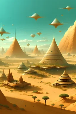 Diseña un paisaje de un planeta desértico con pirámides, una ciudad de estilo futurista, clima caluroso, y montañas que flotan.