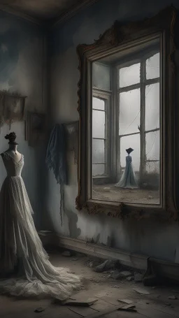 An old dusty wedding dress hanging on the wall by a broken mirror on the wall of an abandoned room , stormy foggy sky in the from the window in the background, Bosch painting style, sad and tragic and dark scenes