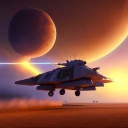 volumetric Wide desert view painted by chris foss of Military hovering tank, floating, hover, and laser from the future, 4k, 8k, [hovercraft] Minutiae, highly detailed, render, rivets, hovering, stripes, sunset duststorm, nimbus clouds