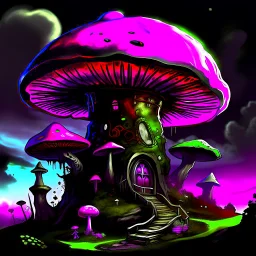 A fantabulous black, green and magenta (((mushroom tower house))) erected atop a (geologic pillar), surrounded by the uncanny imaginative ((( swirling skies))), offset by the stark hues of a (neon-tinged nebulous space scape), within. captured by the hand a skilled master painter with a focus on (softly blurred compositions and voluminous lighting).