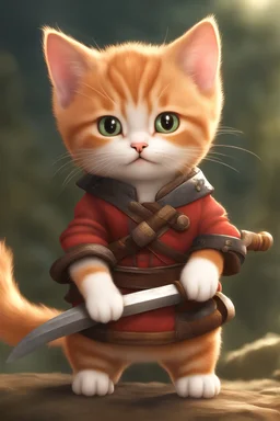 little cat created bravely holding a sword. The cat should be red-haired, with a wary atmosphere around it that emphasizes its bravery, best ever scene, vivid color, Realistic, HD, Hi-Res, realistic, vivid color, Highly Focused, 8k, clear