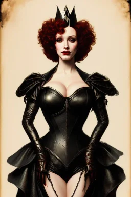 painting of christina hendricks as evil queen in black leather, feminie, angry, volouptous, busty, cleavage, emperious, mature, highly detailed, digital painting, artstation, concept art, smooth, sharp focus, illustration, art by gaston bussiere and alphonse mucha