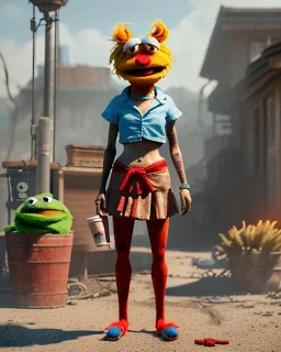 hybrid character, waitress sexy woman with monster muppet mask that covers her entire head, short shirt, tray, beer, old school tattoo, retro style, Sesame Street style, hot, smooth, unreal engine 5, god lights, ray tracing, RTX, lumen lighting, ultra detail, volumetric lighting, 3d.