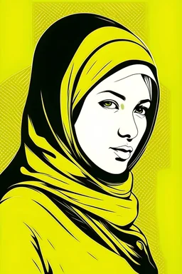 Design for me a picture of a woman wearing a yellow niqab, wearing a keffiyeh on her shoulder, vector