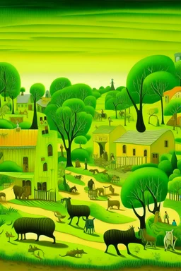 A lime green western town with animals painted by Henri Rousseau