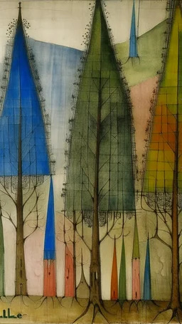 Trees with small towers and fairies painted Paul Klee