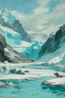 A cyan tundra with glaciers painted by Claude Monet
