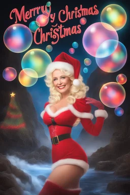 Christmas Themed -- text "Merry Christmas," Multicolored 3D Bubbles, multicolored, Floating 3D hearts with an electrical current, fog, clouds, somber, ghostly mountain peaks, a flowing river of volcanic Lava, fireflies, a close-up, portrait of Dolly Parton as Mrs. Santa Claus, smiling a big bright happy smile, wearing a red bikini with white ruffles, black fishnet stockings, black, knee-high platform boots, in the art style of Boris Vallejo
