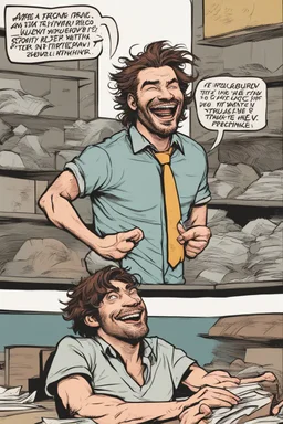 man with scruffy hair and stubble laughing absurdly at people panicking comic book style