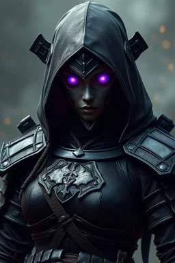 Female warforged samurai, with round purple glowing eyes, dark hood, full body, in hell, samurai armor,