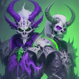 Demonio de armadura morada y verde con cabello blancos posando junto con un demonio de armadura negra y verde y casco de craneo