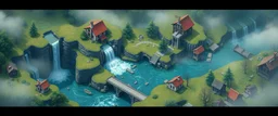 isometric game waterfall and mill landscape with houses and fog of war