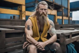 photo of typical full body viking tribe beard blonde flowerw-tattoos gym hairy raw cyberpunk sailorman works on board of cargo china container large ship, gilet yellow knitted, stormy rainy day, mid age, health, wellness, in 70's style movie by Brian De Palma