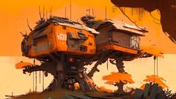 a treehouse cabin canopy, in the style of Ian Mcque, futuristic and sci fi style, robot junkyard style, orangish, high details, highly realistic