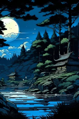 Night time Japanese landscape comic book style tales from the crypt