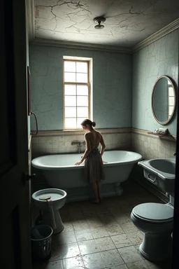 "A very old paints cracked abandoned bathroom , a woman standing in the tub getting in to the tub ready to take a bath in the tub , insanely detailed octane render trending on artstation, 8k artistic photography, photorealistic concept art, soft natural volumetric cinematic perfect light, chiaroscuro, award-winning photograph, masterpiece, oil on canvas, Raphael, Caravaggio, Greg Rutkowski, people, beksinski, Giger