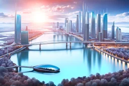 Dreamlike Skyline of Downtown futuristic hightech city in 4050 and a stunning futuristic Bridge During Sunlight over the azur-silver color river, cold colors, high detalied, sci-fi, landscape