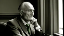 An elegant black and white photograph of an elderly man with balding hair, dressed in a stylish grey suit and a bow tie, sitting by a window with a striking green frame. He leans his head on his hand, thoughtfully gazing out into the distance. The warm orange tones of the wall behind him create a cozy atmosphere, contrasting with the monochromatic attire of the man.