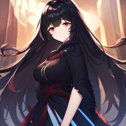 Clear focus, high resolution, black long fluffy hair, red eyes, wearing a detailed outfit