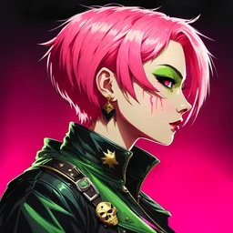side face,profile picture,2dcg,anime art style,golden and green color,pink short hair ghoul biker lady,pure black color background,gore,violence,Decapitation,dismemberment,disturbing,Monster,guts,morbid,mutilation,sacrifice,butchery,meathooks,no hands,do not draw hands