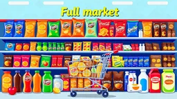 A design for a supermarket called (full market) filled with various fruit juices, various chips, various types of Fanta, Coca-Cola, Sprite, various famous chocolates, a full shopping cart, packaged cheeses, butter, and pasteurized milk, in cheerful, vibrant, and eye-catching colors.