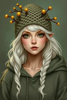 Generate a dungeons and dragons character portrait of the face and upper torso of a female spring Eladrin. She is a warlock that made a pact with the West Virginia cryptid known as Veggieman. She is dedicated to protecting local plant nature. She looks sweet and approachable, like a Southern Belle. She wears a dainty crochet beanie with gold coated branches attached to it, as well as a loose fitting hoodie sweatshirt. The hood on the hoodie should not be on her head. Her hair is white and volumi