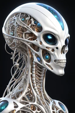 3D rendering of Expressively detailed and intricate of a hyperrealistic “alien anatomy”: 2/3 view, scientific, single object, glossy white, shinning silver , a lot of vines, tribalism, laboratory background, shamanism, cosmic fractals, octane render, 8k post-production, detailled metalic bones, dendritic, artstation: award-winning: professional portrait: atmospheric: commanding: fantastical: clarity: 16k: ultra quality: striking: brilliance: stunning colors: amazing depth