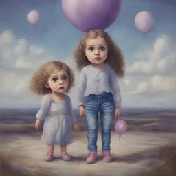 Surreal painting of 2 little girls, jeans and crochet, big eyes, the sky in the background, à purple balloon