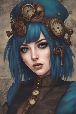 girl with bob, blue hairs, steampunk outfit, steampunk style, steampunk background