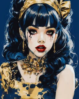 Poster in two gradually, a one side malevolent goth vampire girl face and other side the Singer Melanie Martinez face, painting by Yoji Shinkawa, darkblue and gold tones,