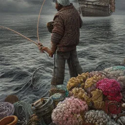 Insanely detailed photograph of an “arctexture plans fisherman on a dock” with intricate detailed of fishing knots, intricate embroidered clothing, hyperdetailed painting by Ismail Inceoglu Huang Guangjian and Dan Witz CGSociety ZBrush Central fantasy art album cover art,8K, hdr, romantic, mysterious, ominous, flowers, jewelry, steam,oil,cafe,street vendor,steamship,D&D