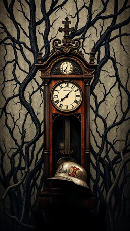 An old antique grandfather clock in the background of black vein, human veins, mixing together a lot of them, like a forest, big and small veins a lot of them, an army German helmet from ww1