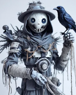 terrifingly cute cyberpunk scarecrow holding a crow, in the style of Android Jones, photography, head to toe, full body shot, white, navy blue grey, very detailed, very clear photo, 3D,