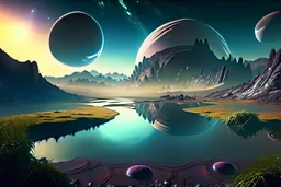 Alien landscape with exoplanet in the sky, over the valley. Pond