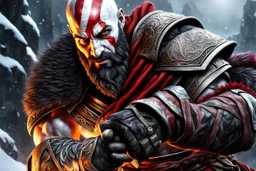 Kratos in 8k sci-art drawing style, ghost of Sparta custom, ice forest, highly detailed, high details, detailed portrait, masterpiece,ultra detailed, ultra quality