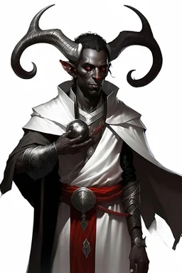 En Young male Black skin black hair tiefling Wizard with large horns glowing Silver and White symbols Everywhere on his body. He's wearing silver and White Rope and a silver cloak. His horn a perfectly place on acet from the front to the back pointing upwards with glowing Red cat Eyes. His close is elegant get simple his horns Are Same size.